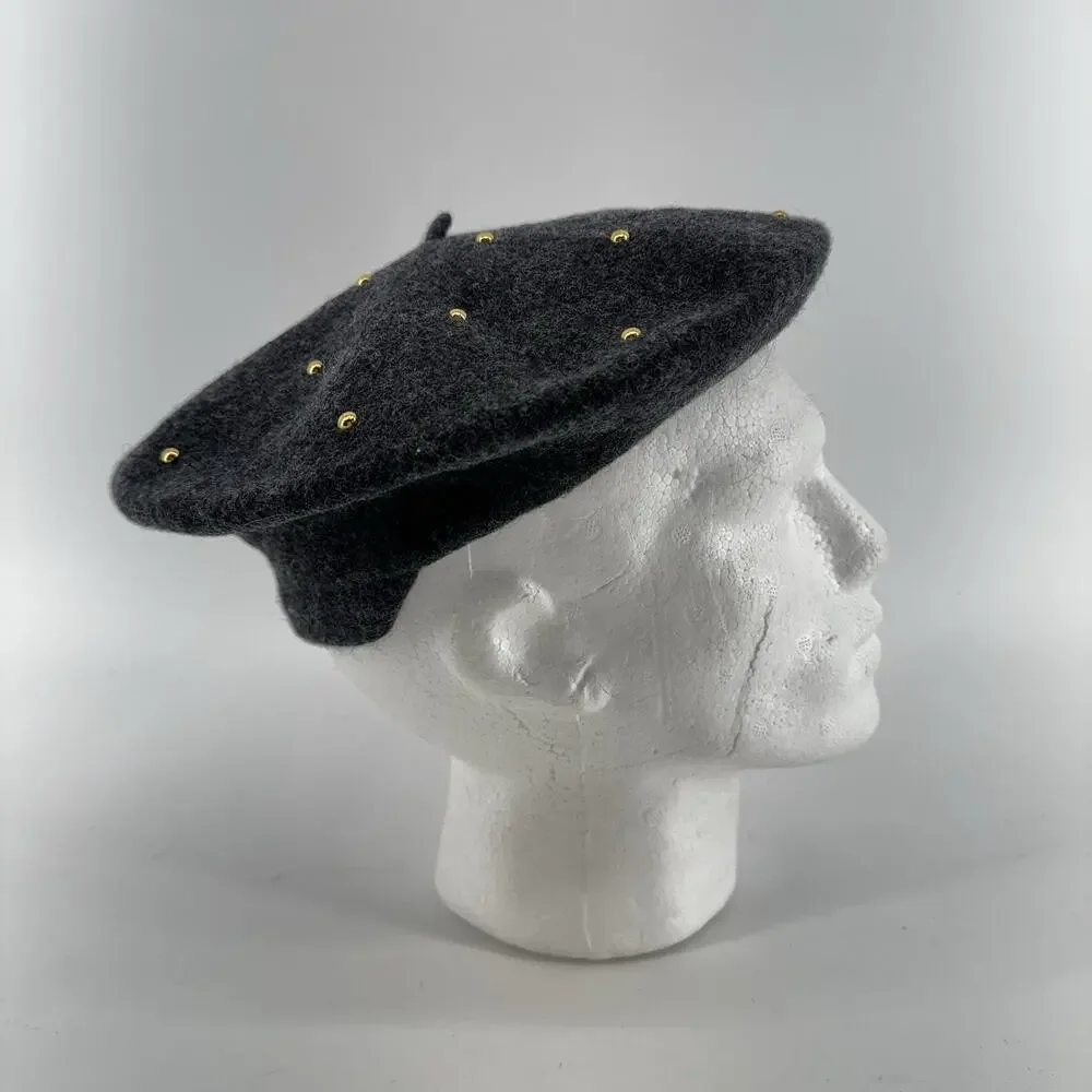 Vintage Beret Grey Wool PRT Ultrabasque Made in Czechoslovakia Gold Studded - Picture 2 of 8